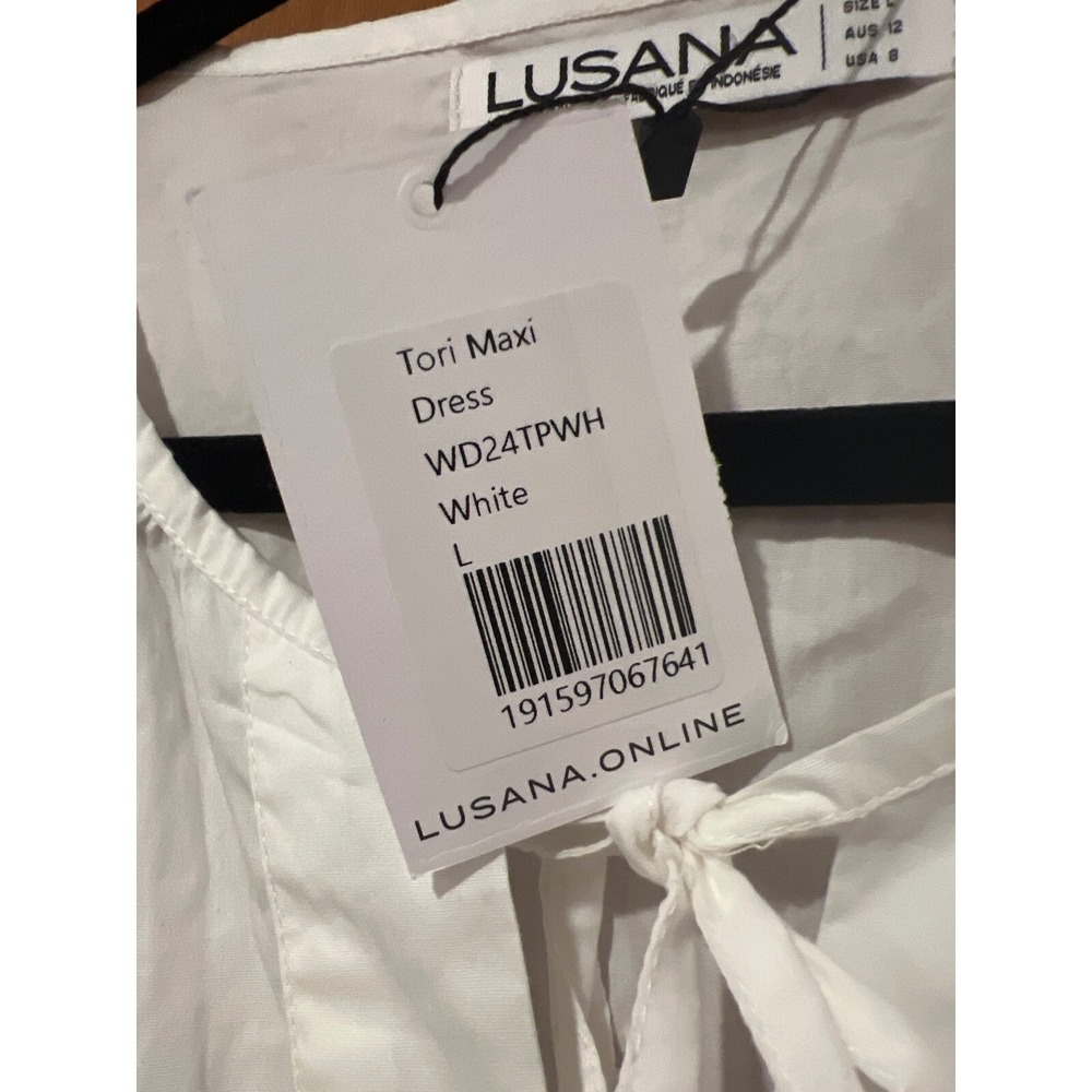 Lusana white cotton Tori maxi dress Large‎ tiered poplin resort vacation - Picture 8 of 9